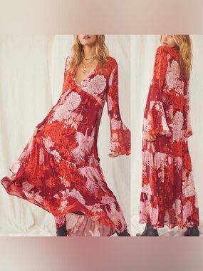 Free People Red Orange Moroccan Roll Maxi V Neck Floral Dress Sz Small